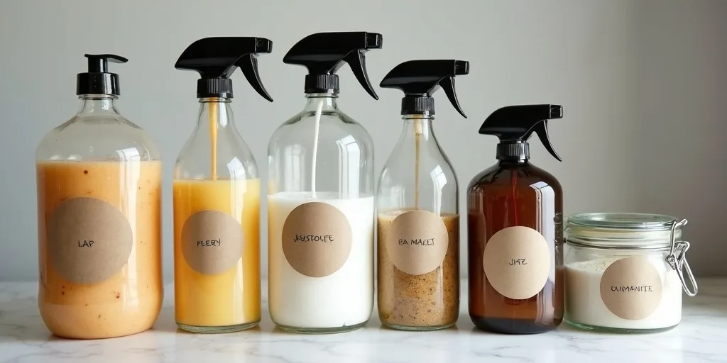 Flacons r&eacute;utilisables produits nettoyage maison &eacute;tiquetage organisation &eacute;cologique stockage