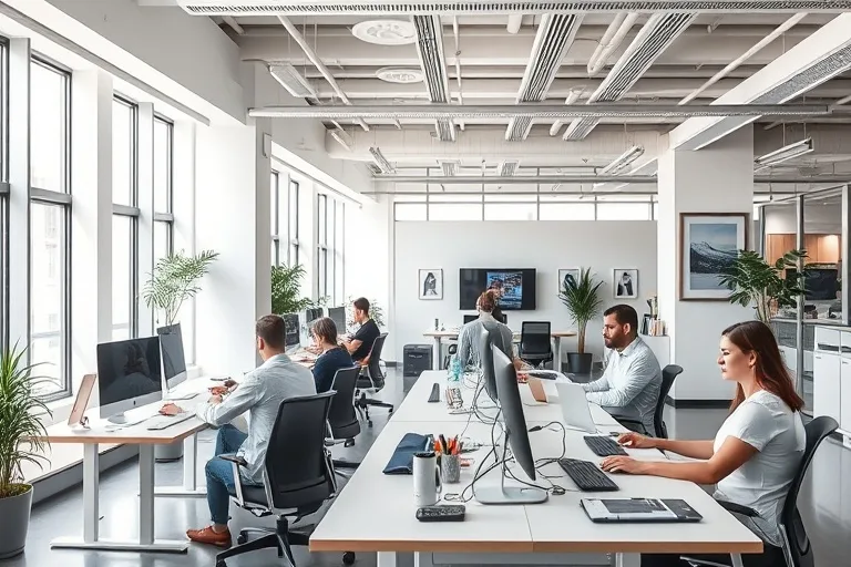 Bureaux d'entreprise modernes avec espaces de travail professionnels