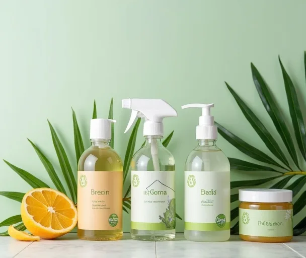 Collection de produits de nettoyage &eacute;cologiques certifi&eacute;s avec emballages durables