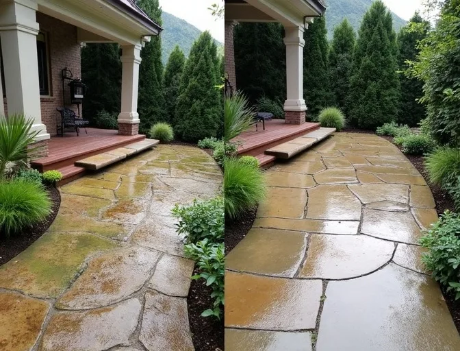 Transformation avant/apr&egrave;s nettoyage terrasse en pierre naturelle